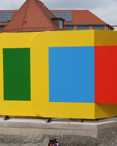Farbraumobjekt von Georg Karl Pfahler in den Primärfarben rot, gelb, grün, blau nach der Restaurierung am neuen Standort im Neckarpark