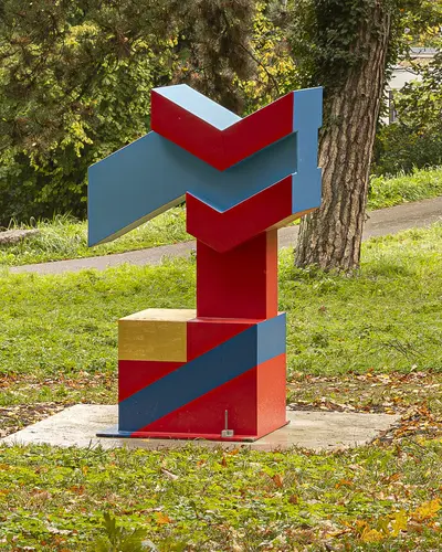 Stahlskulptur Multiples Zeichen 72/III in rot, blau, gelb von dem Künstler Otto Herbert Hajek